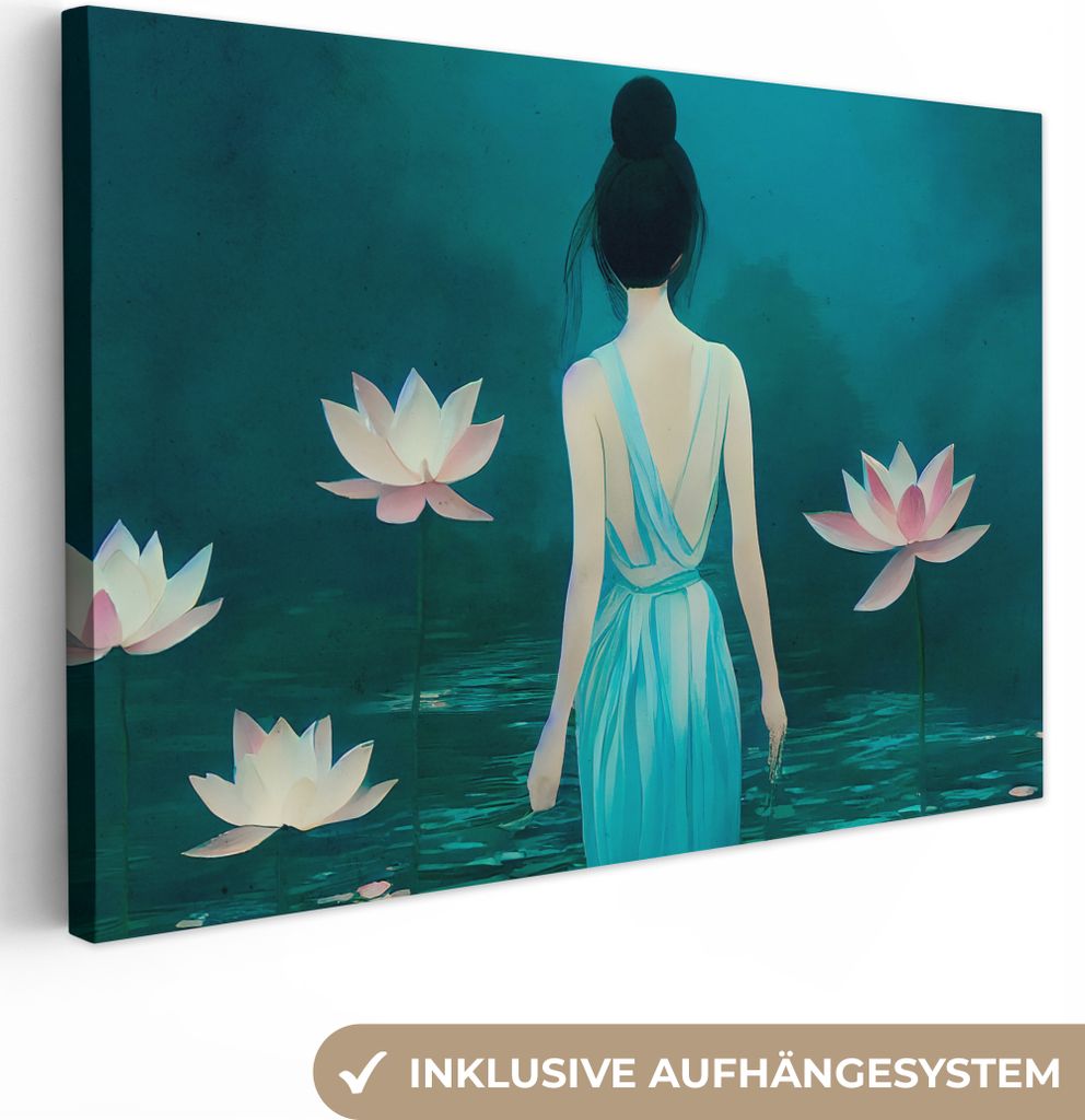 OneMillionCanvasses - Leinwandbilder - 140x90 cm, Frau - Porträt - Wasser - Blumen - Lilie, Wandbilder Kunstdruck Wanddekoration - Foto auf Lein...