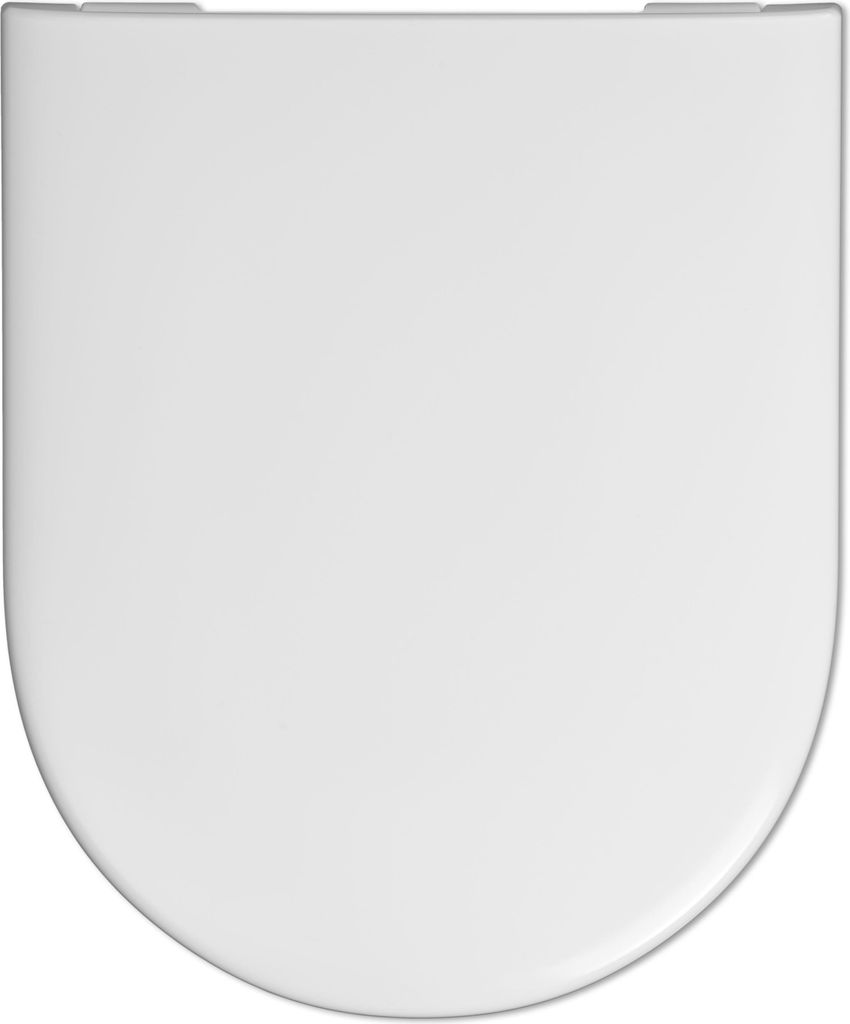 A top-down view of a white toilet seat on a white background.