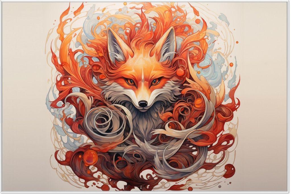 Wallario Wandbild Flammenfuchs, Größe: 61 x 91,50 cm, Poster mit weißem Aluminiumrahmen