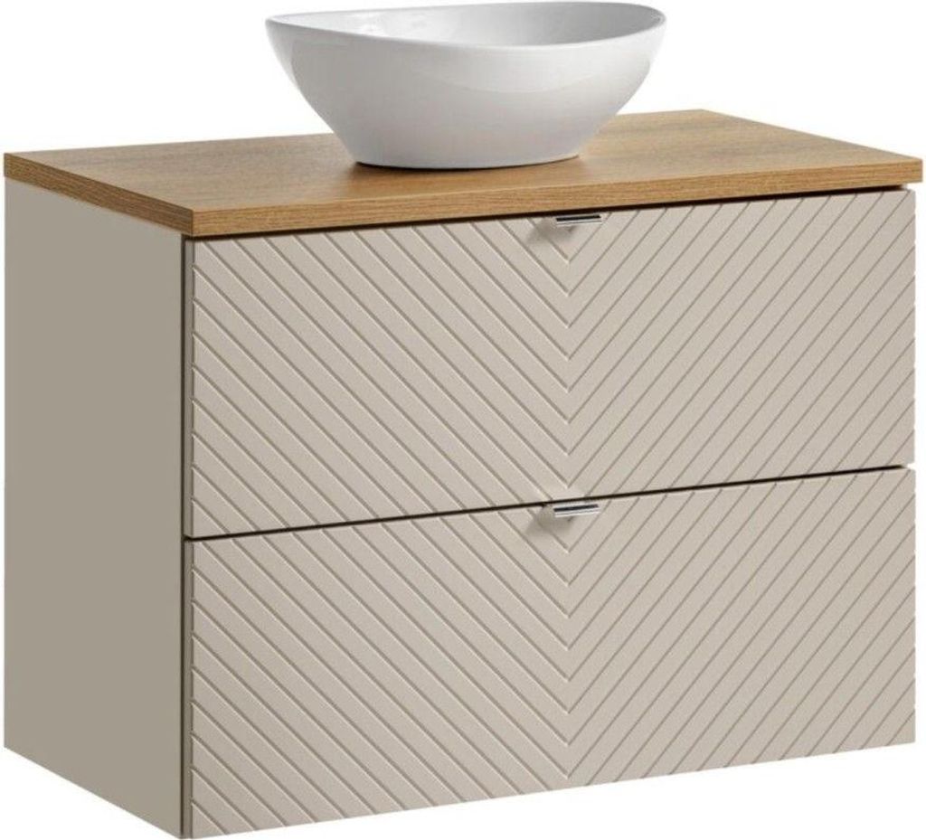 Set AOKI: Waschtischunterschrank mit Schubladen 80cm + Eichenholz-Platte + runde weiße Aufsatzwaschbecken