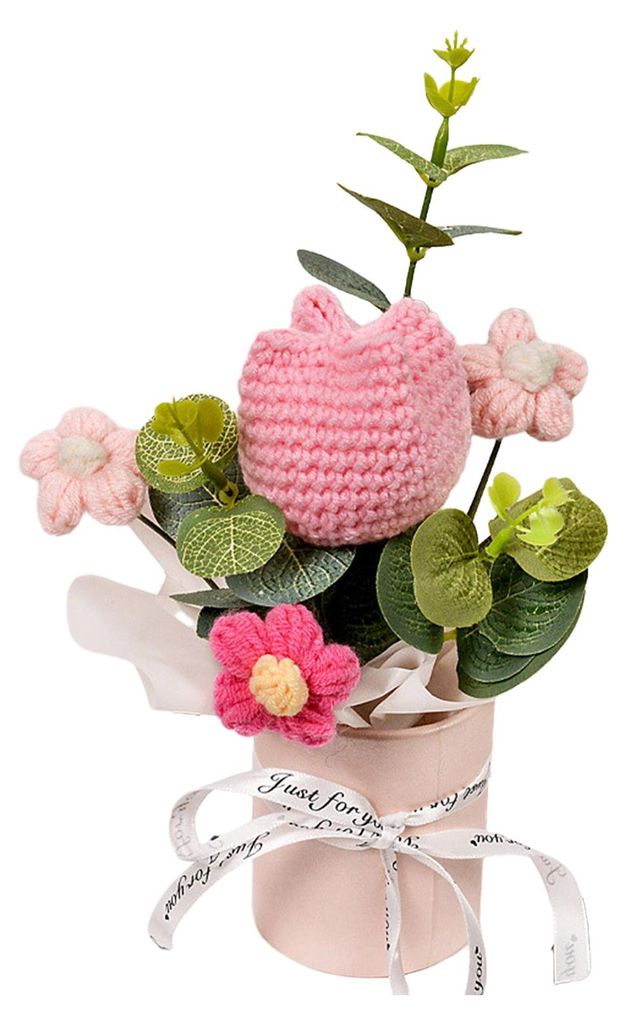 Handgehäkelter Blumenstrauß, handgefertigt, künstlich gestrickt, mit Sonnenblumen, Nelken, Tulpen und Pusteblumen – ein Geschenk für Mutter u...