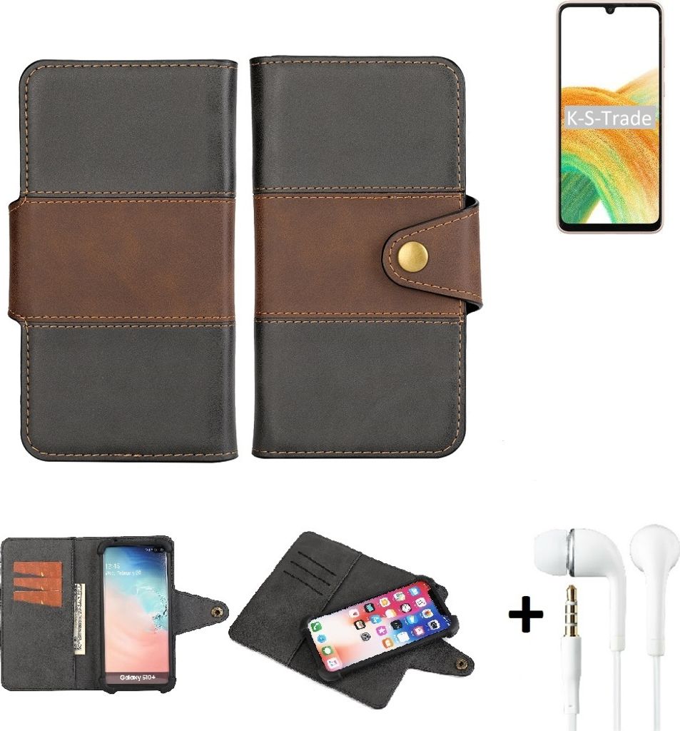 K-S-Trade Handyhülle Schutzhülle Bookstyle Wallet-Case kompatibel mit Samsung Galaxy A33 5G + earphones Bumper rundumschutz schwarz-braun 1x