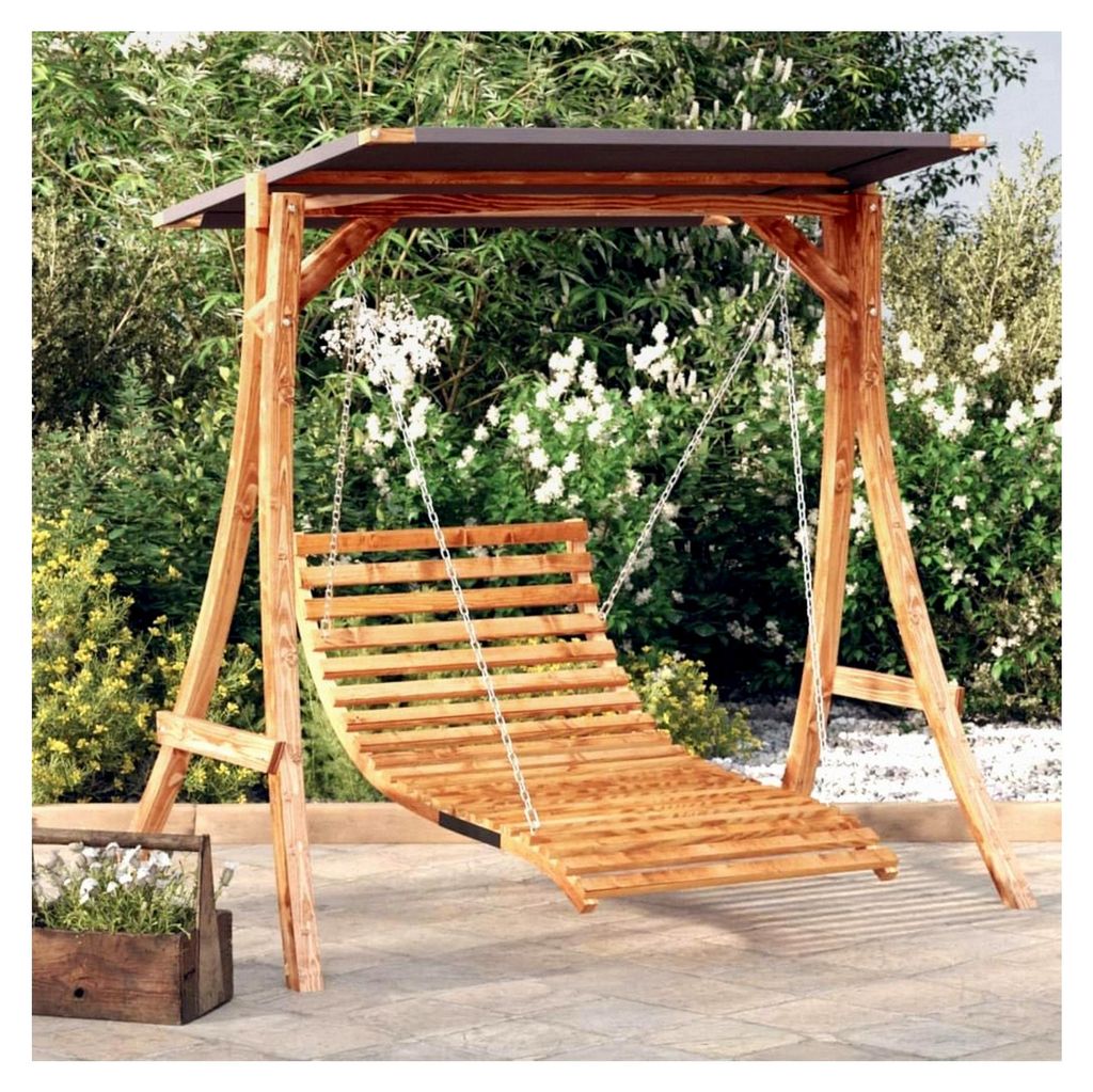 Schaukelbett mit Baldachin aus massivem Fichtenholz mit Teak-Finish