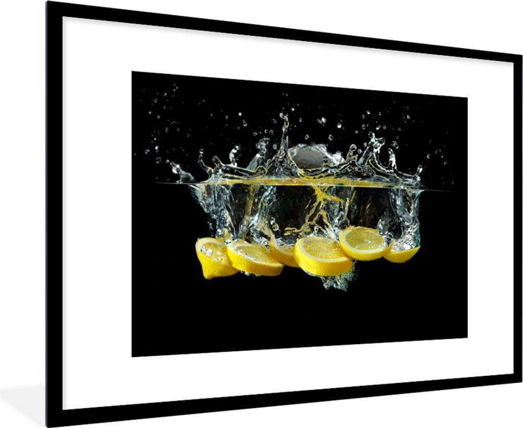 MuchoWow Gerahmtes Poster Zitrone - Frucht - Gelb - Stilleben - Wasser 90x60 cm - Poster mit Schwarzem Bilderrahmen Wandposter Rahmen Foto Bilder...