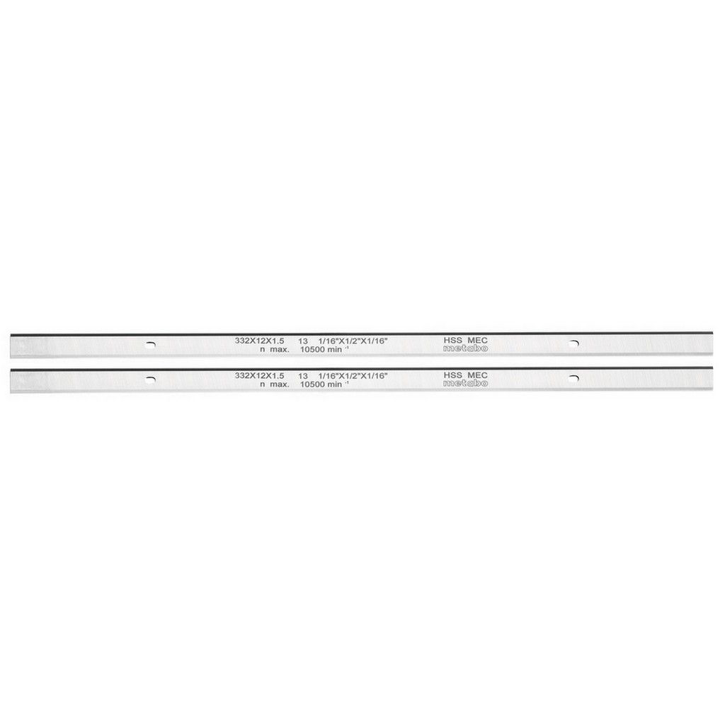 Two metal blades with text markings on a white background.