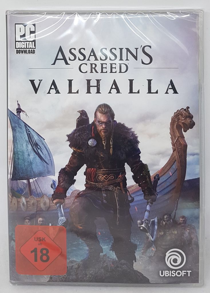 The image shows the front cover of the PC game Assassin's Creed Valhalla, which is shrink-wrapped.