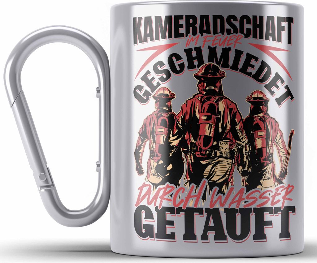 Trendation - Feuerwehr Edelstahl Tasse Karabiner Geschenke Zubehör Lustig Einsatz Geburtstag Spruch Durch Wasser Getauft (Silber)