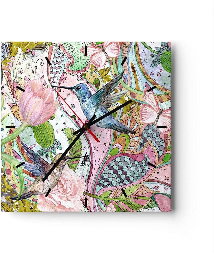 Wanduhr - Quadrat - Glasuhr - Vogel Schmetterling Blume - 30x30cm - Schleichendes Uhrwerk - Lautlos - zum Aufhängen bereit - Dekoration Modern - W...