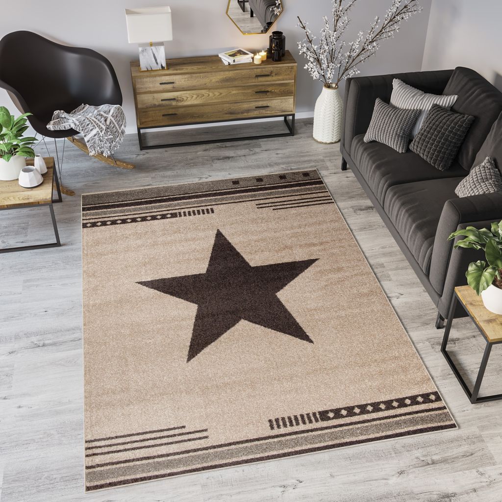 Teppich Wohnzimmer Schlafzimmer Kurzflor Modern Design Meliert Stern Streifen Gestreift Braun Beige Küche 140 x 190 cm