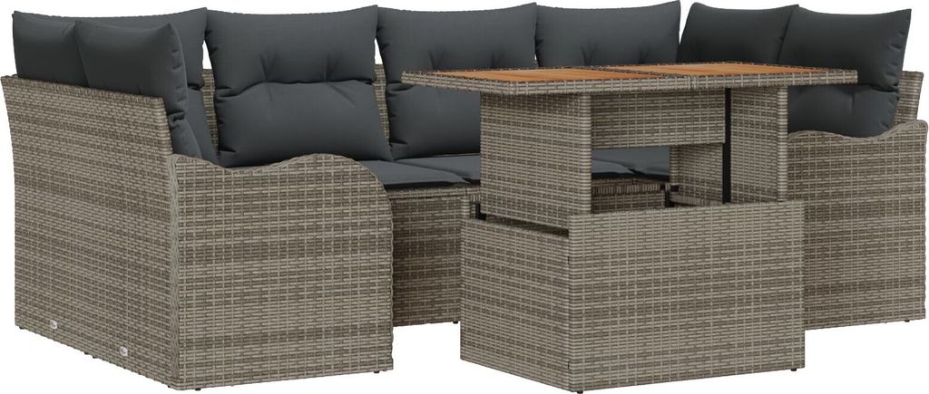 Möbel 7-teiliges Garten Sofa Set mit Kissen Grau Poly Rattan Akazie, 2-Sitzer Garten Sofa mit Kissen Grau Poly Rattan - Gartensofas 3349411
