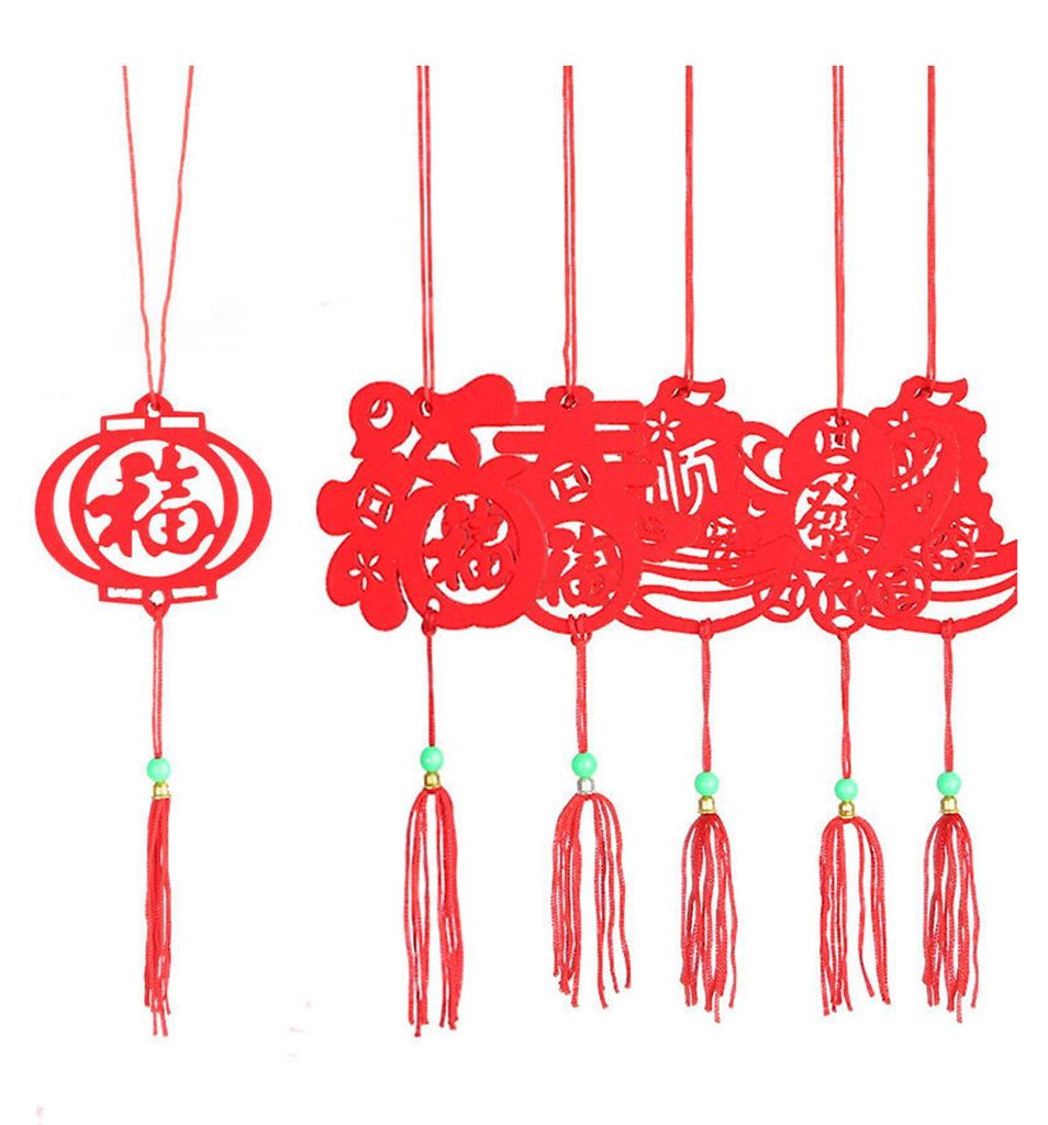 6-teiliges Set Anhänger zum Chinesischen Neujahr, roter Filz, zum Aufhängen, Papierschnitt, Frühlingssegen-Zeichen, Quasten, Anhänger für Fest...