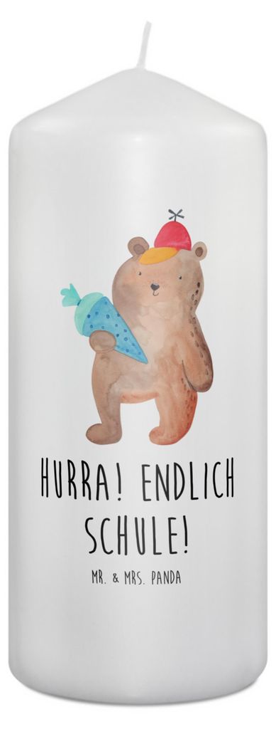 Mr. & Mrs. Panda Kerze Bär Schultüte 19 x 8 cm - Weiß - Geschenk, Schulbeginn, Erster Schultag, Erinnerungslicht, Teddy, Stumpenkerze, Bedruckte...