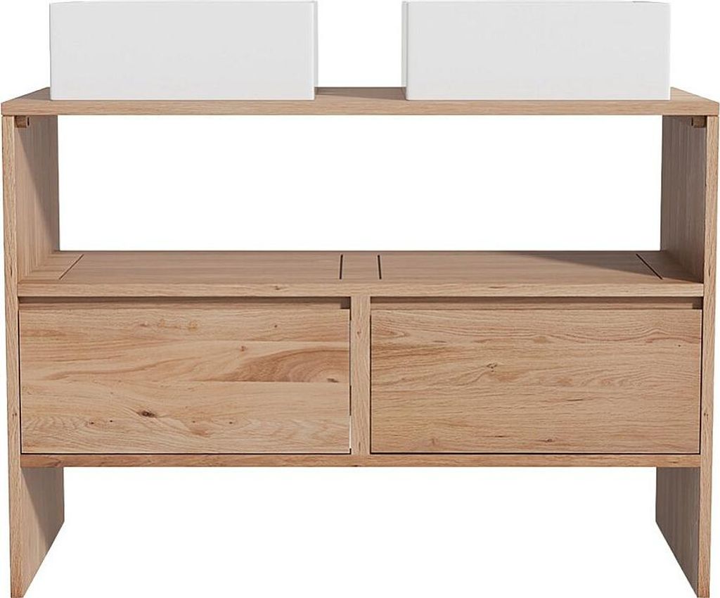 Unterschrank aus Massivholz Eiche mit quadratischem Aufsatzbecken - Hell Natur - 110 cm - CAVIZO