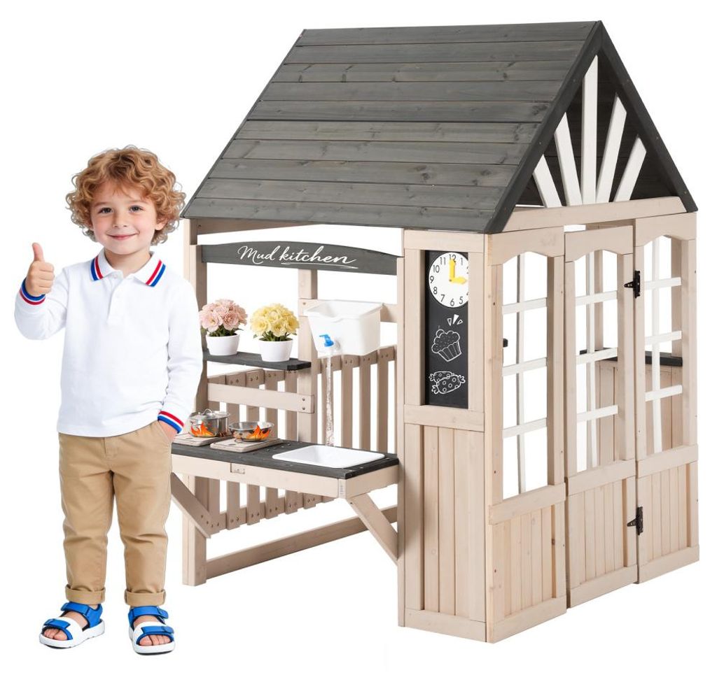 Outdoor-Holzküche für Kinder: Spielküche mit Zubehör und Essenswagen, perfekt für den Garten, ab 3 Jahren – Matschküche mit Rollen, Naturholz