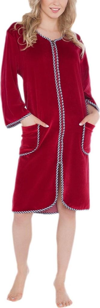 Aquarti Damen Velours Bademantel Morgenmantel Kurz mit Reißverschluss, Farbe: Weinrot, Größe: 3XL