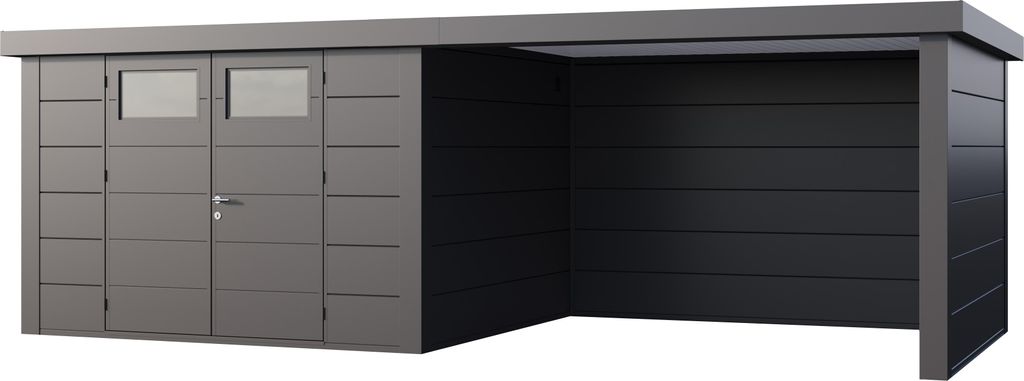 Telluria Metallgerätehaus Classico 3330 mit Lounge Anbau (ca. 344 cm Breite) granitgrau/anthrazit Lounge-Anbau rechts