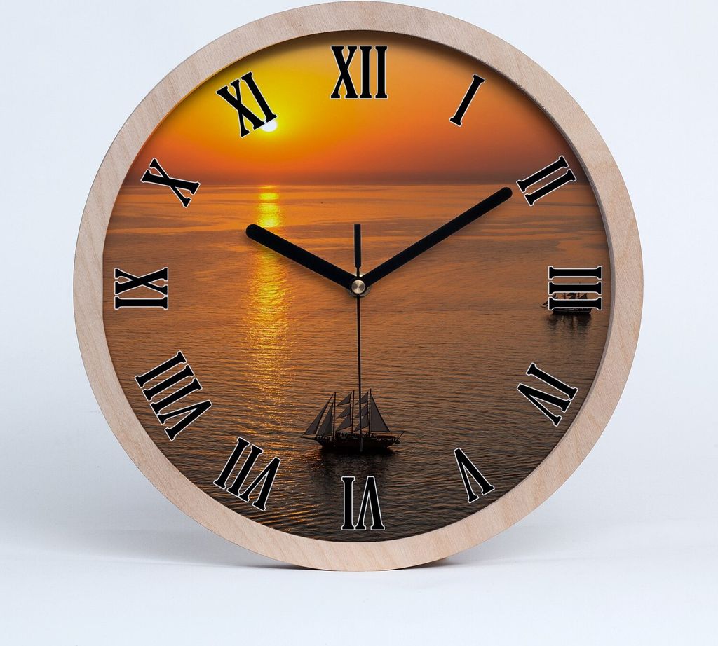 Holzuhr 25fi cm wanduhr - schwarze Spitzen - Meer Sonnenuntergang