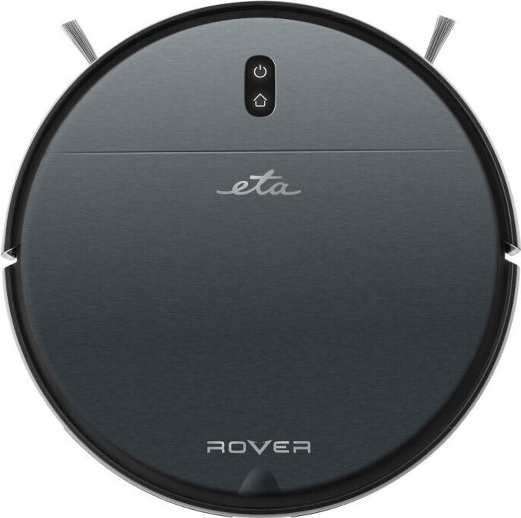 A top-down view of a dark gray robotic vacuum cleaner on a white background.