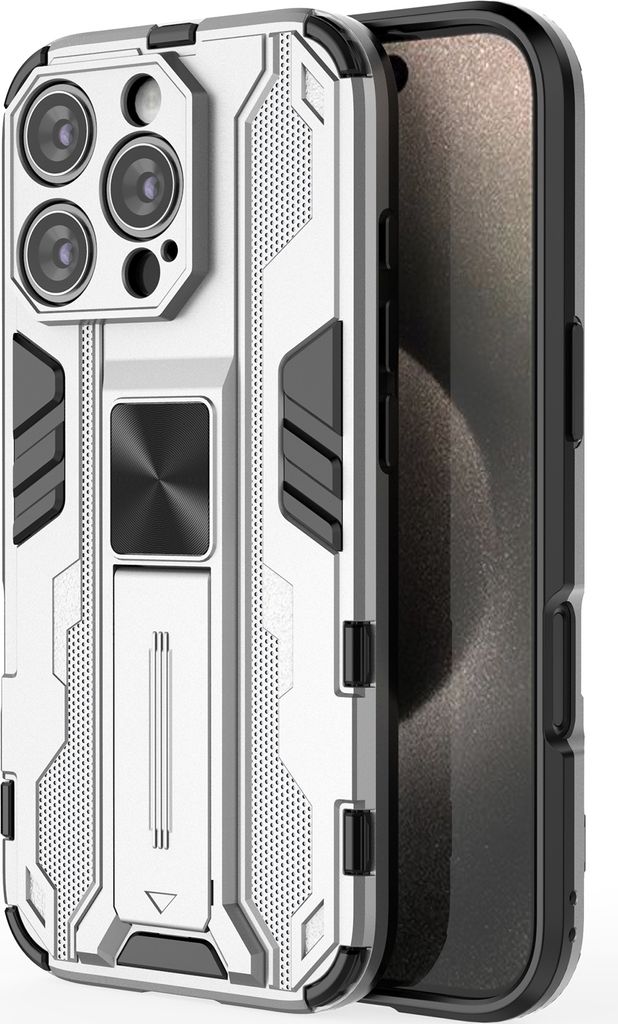iPhone 16 Pro Hülle, Dual Layer PC TPU Bumper Stoßfest Ständer Schutzhülle für iPhone 16 Pro Silber