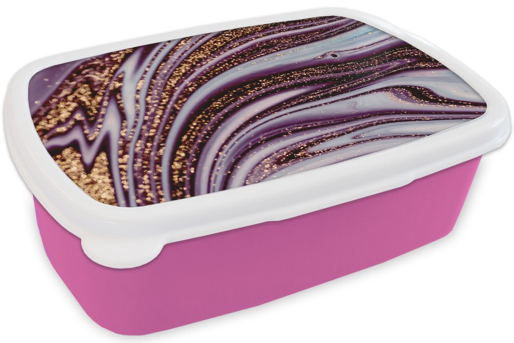 KitchenYeah Lunchbox Brotzeit Brotdose 17x11 cm Marmor - Rosa - Gold - Glitter - Marmoroptik - Luxus Kinder Brotzeitdose - Lunchpaket - Brotkaste...