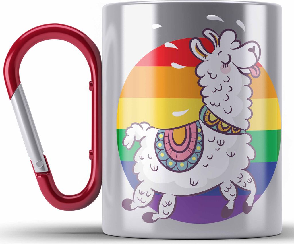 Trendation - Regenbogen Edelstahl Tasse Karabiner Geschenk LGBT Schwule Lesben Transgender Grafik Pride Tolles Llama (Rot)