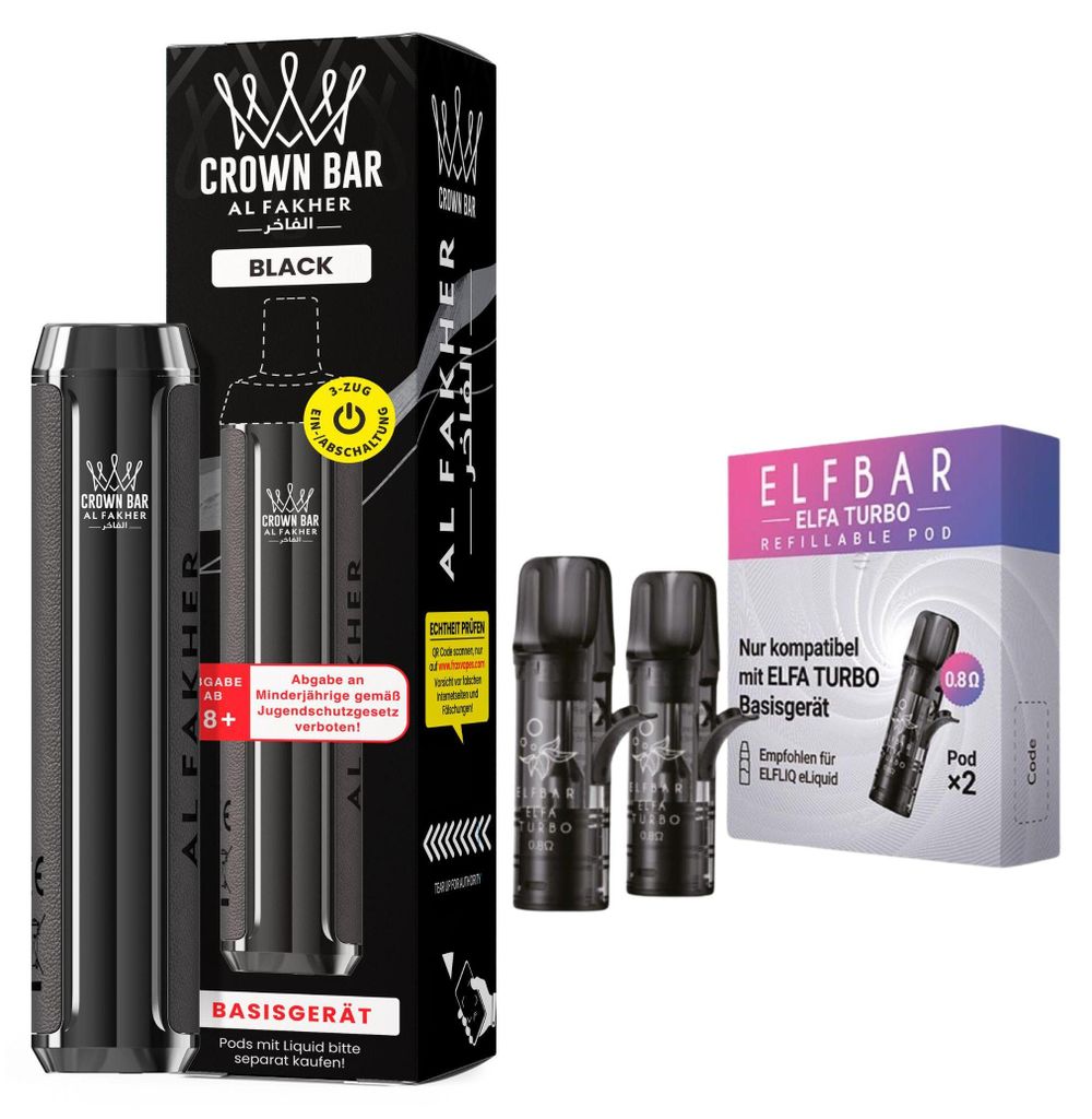 Al Fakher Crown Bar 600 Pod Kit Schwarz – 500 mAh Akkuträger inkl. 2 x 0,8 Ohm Leerpods, USB-C, 2 ml Pod System, DTL & MTL, wiederaufladbar, ohn...