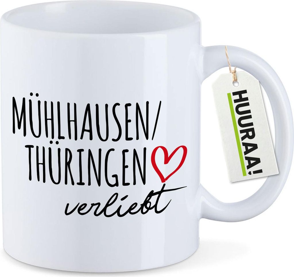 Huuraa Kaffeetasse Mühlhausen/Thüringen verliebt 330ml Weiß Keramik Kaffeebecher Geschenkidee