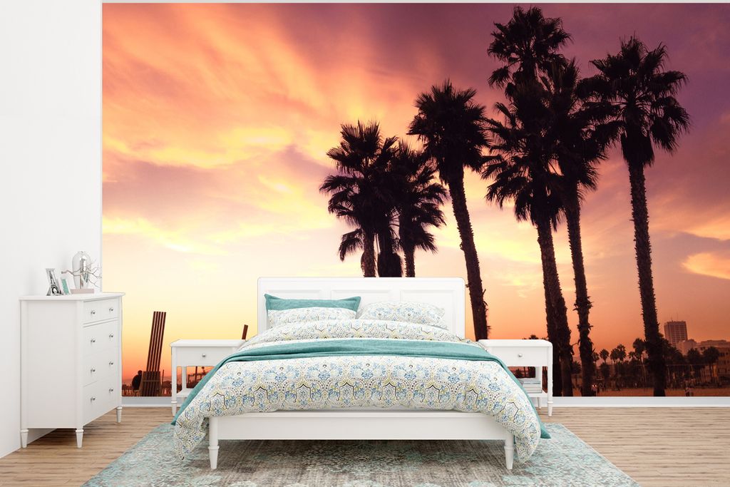 MuchoWow Fototapete für Wohnzimmer oder Schlafzimmer Wandtapete Vinyl Motivtapete Sonnenuntergang am Strand von Santa Monica - 350x260 cm - Wohn...