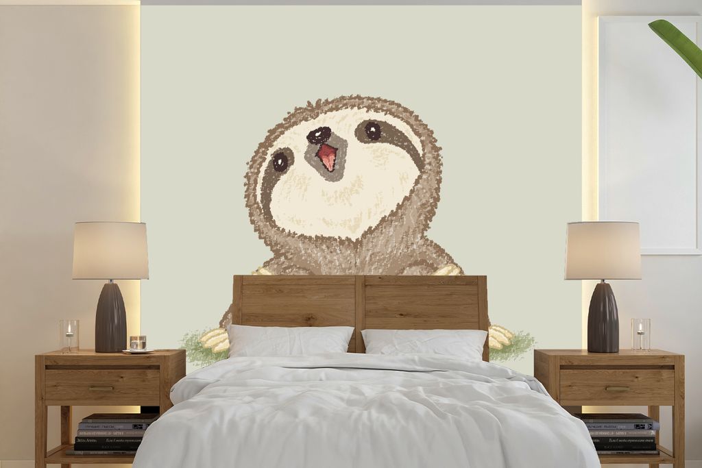 MuchoWow Fototapete für Wohnzimmer oder Schlafzimmer Wandtapete Vinyl Motivtapete Illustration eines lachenden Faultiers für Kinder - 280x280 c...