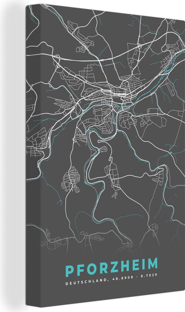OneMillionCanvasses - Leinwandbilder - 90x140 cm, Stadtplan - Karte - Pforzheim - Blau - Deutschland - Karte, Wandbilder Kunstdruck Wanddekoratio...