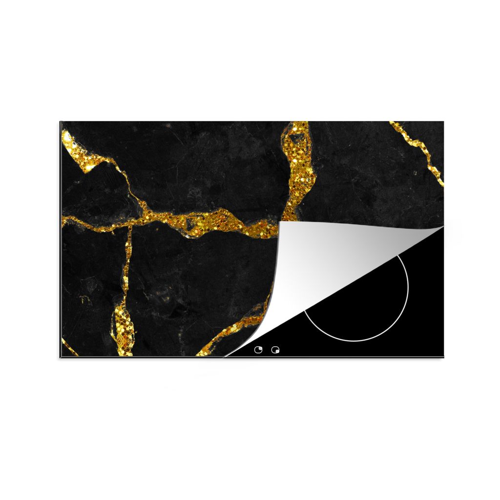KitchenYeah Herdabdeckplatte Marmor - Gold - Schwarz - Marmoroptik - Glitter , 90x52cm, Küche Deko, Glaskeramikkochfeld Herdabdeckung, Abdeckpla...