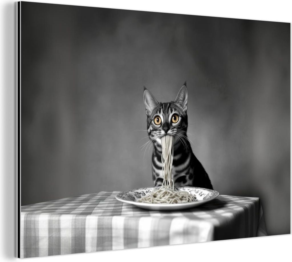 MuchoWow Wanddekoration Metall Metallbild Wandkunst 120x80 cm Bengalisch - Katze - Tischtuch - Schwarz - Weiß - Tier MuchoWow Aluminium Gemälde -...