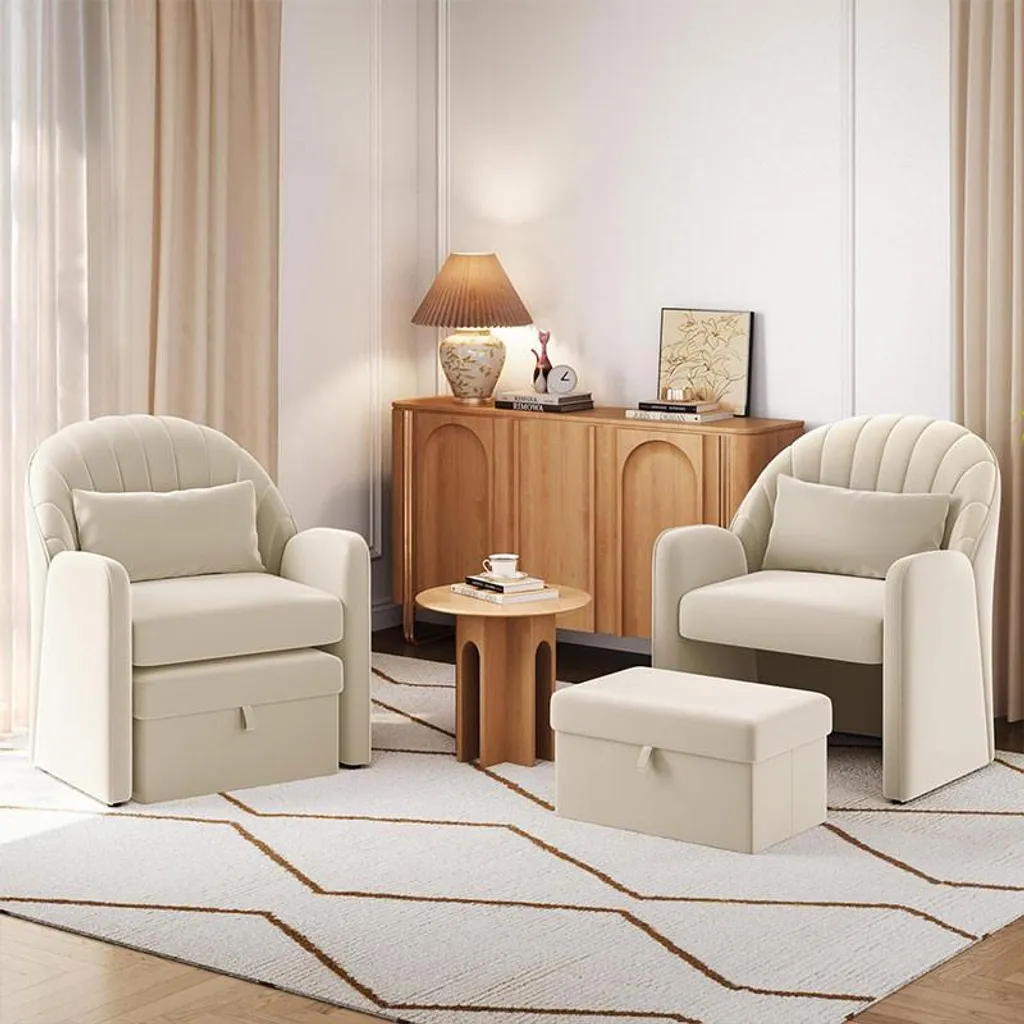 Poltrona Design Velluto Beige 615234 con Ottomana - Eleganza Chic - 6