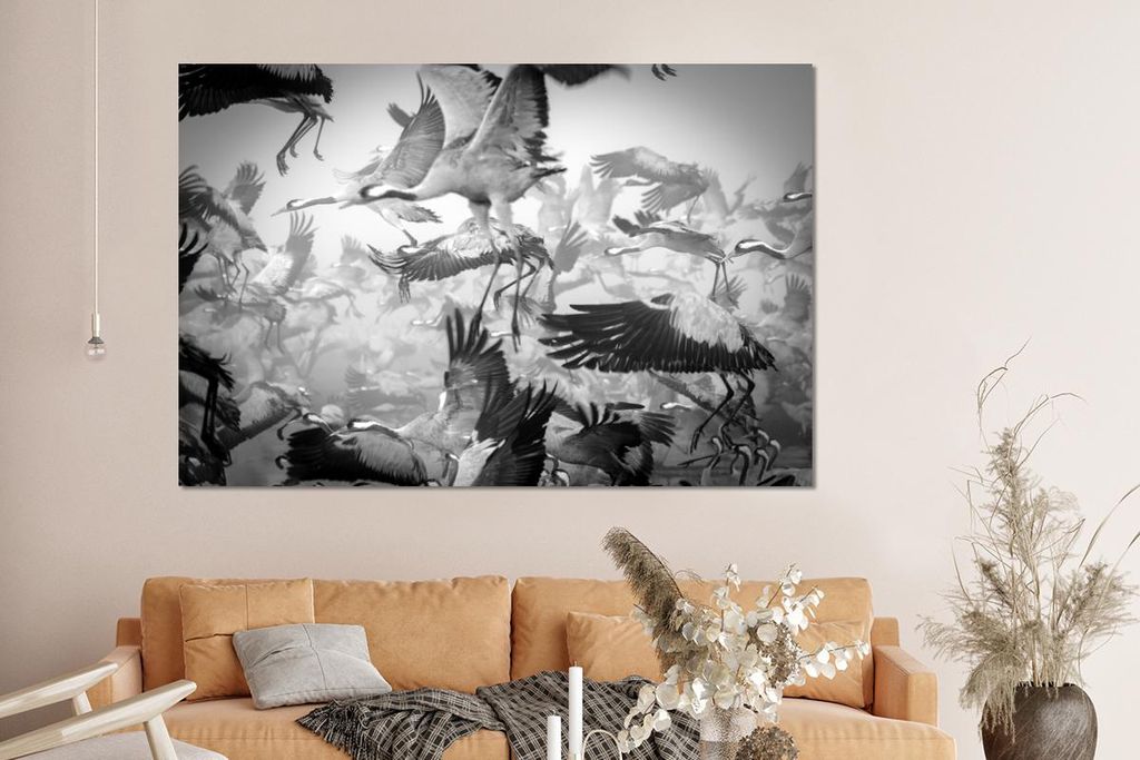 MuchoWow Wanddekoration Metall Metallbild Wandkunst 150x100 cm Kranich - Schwarz und weiß - Tiere - Vögel MuchoWow Aluminium Gemälde - Alu Dibon...