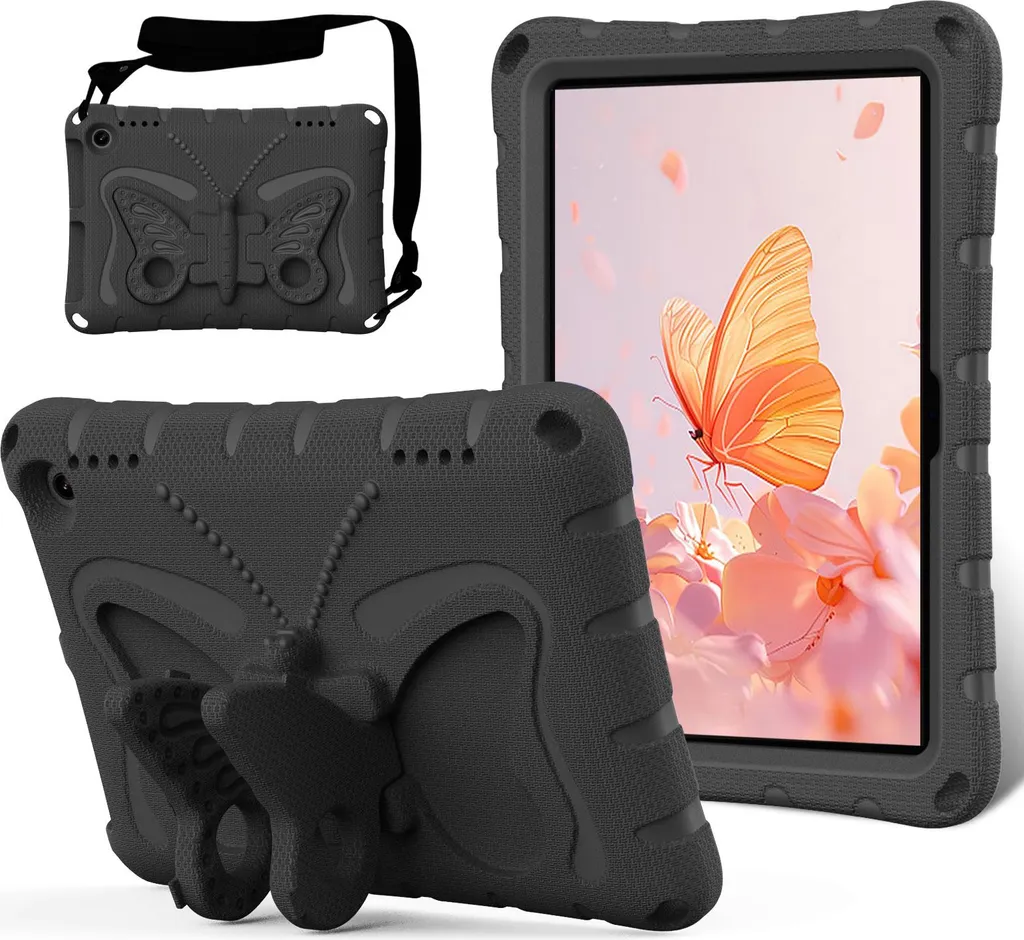 Custodia per bambini per Amazon Fire HD 8 / Fire HD 8 Plus 2022/2020 8.0", custodia leggera antiurto in EVA con tracolla e supporto per fiocco nero