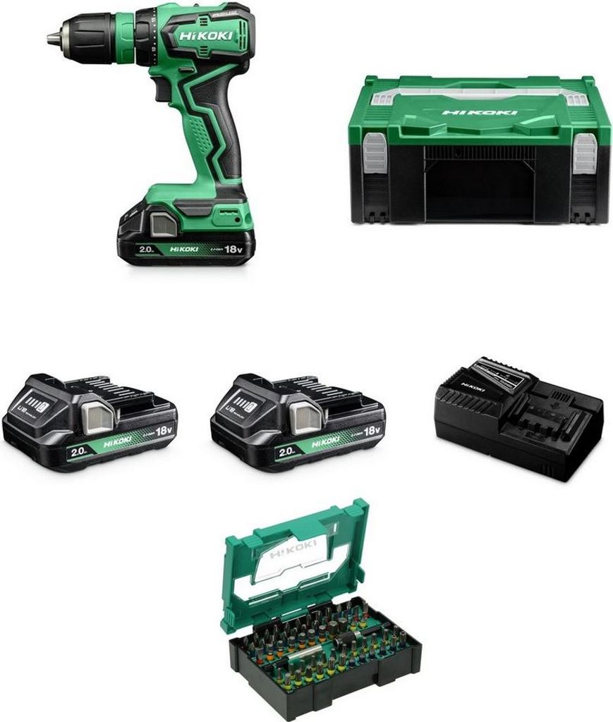 HiKoKi Akku-Bohrschrauber DS18DDQWQZ + Bit-Box 60-teilig + Akkus + Ladegerät