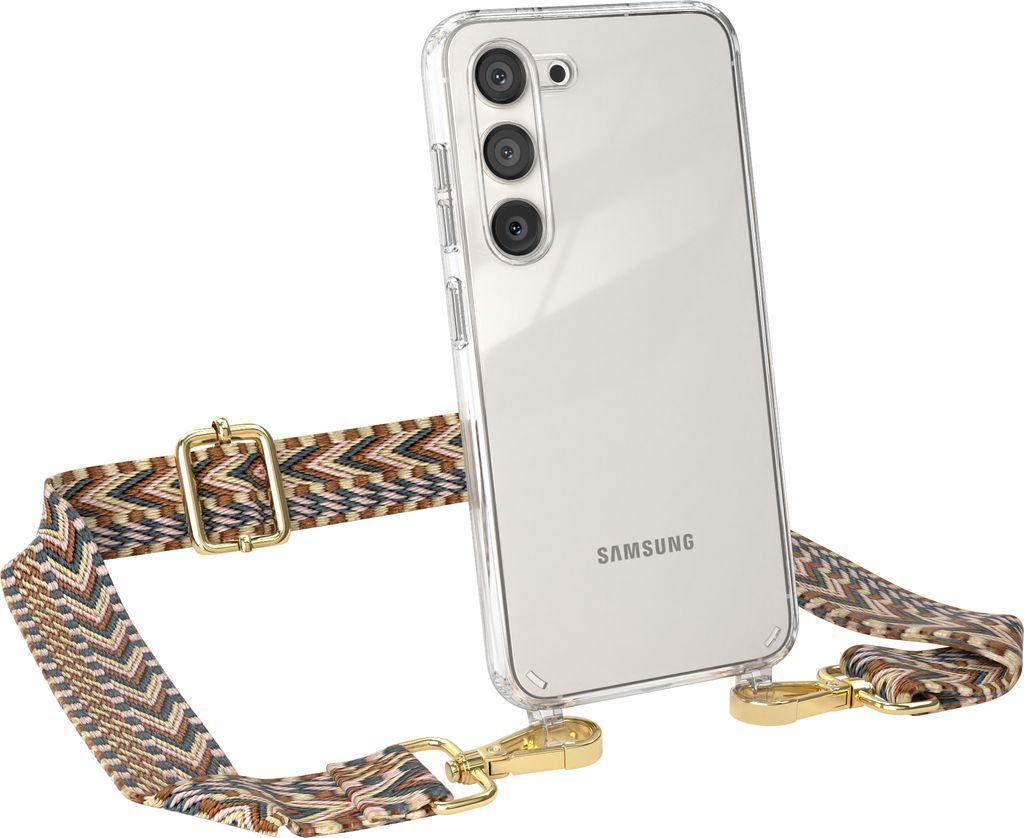 EAZY CASE Handykette - Verstellbarer Trageriemen kompatibel mit Samsung Galaxy S23, Handykordel mit transparenter Silikon-Hülle, Band in Braun