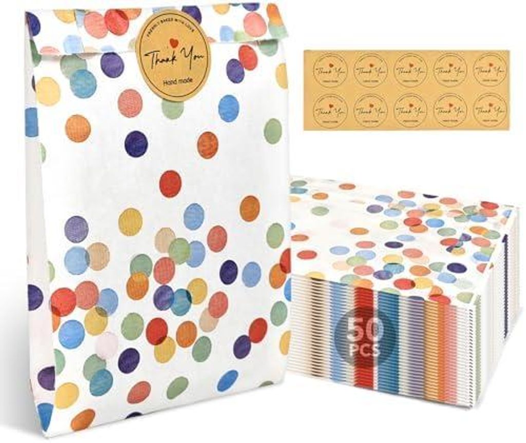 50 Stück Papiertüten Kraftpapier Bunt, Geschenktüten Kindergeburtstage mit Aufkleber, Klein Mitgebsel Tüten Candy Papier für Party und Festiva...
