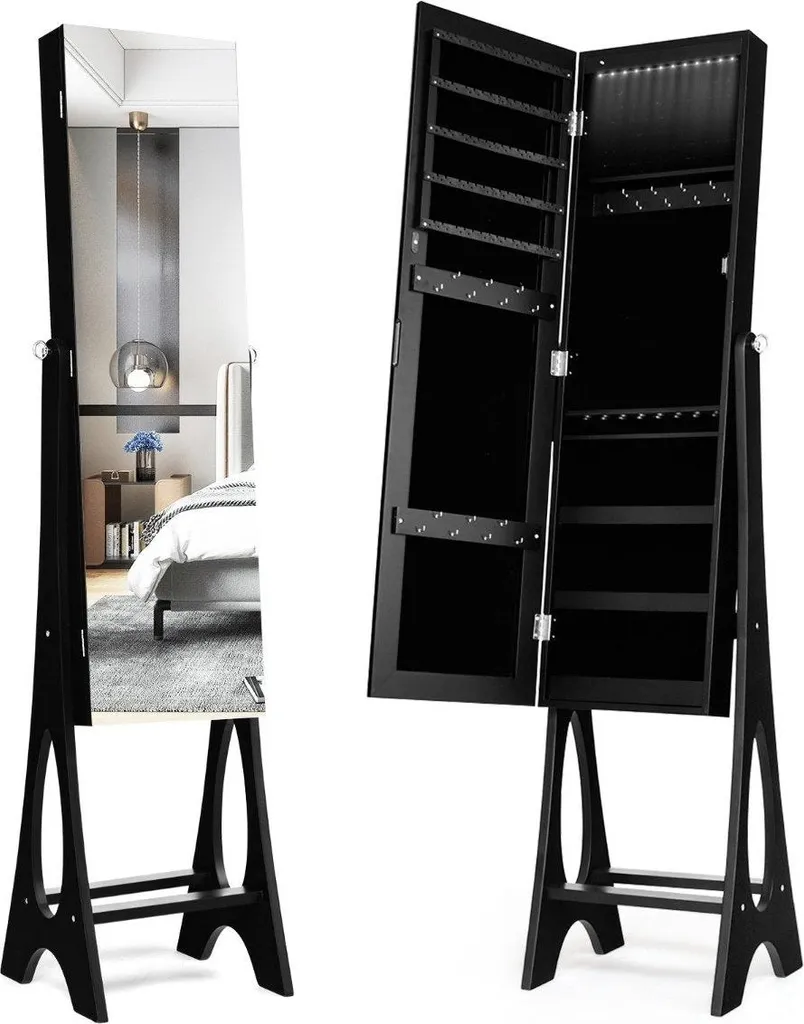Rangement bijoux anti-nœuds avec miroir LED 2 en 1 noir gain de place 36cm