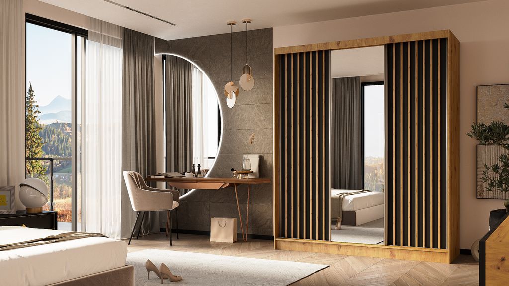 ALTDECOR Kleiderschrank mit Spiegel und Schiebetüren, kugelgelagerte Führungsschienen und Aluminium-Leisten, LED-Beleuchtung (weiß + 16 Farben) ...