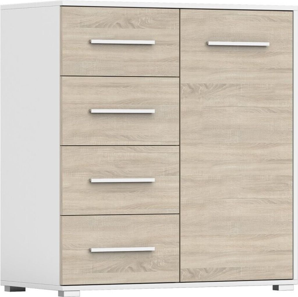 Klassische Kommode mit 4 Schubladen und 1 Tür, Kommode für Wohnzimmer, Diele & Flur - Kommode IRYS Weiß/Sonoma