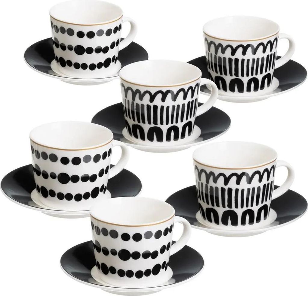 HowHomely | Keramiktasse - 6er Set Kaffeetassen mit Untertassen - schwarz weiß - 100 ml - Tasse - geometrisches Muster
