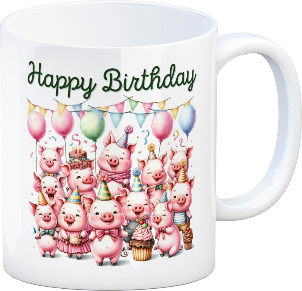Schweine Party Kaffeebecher mit Spruch Happy Birthday