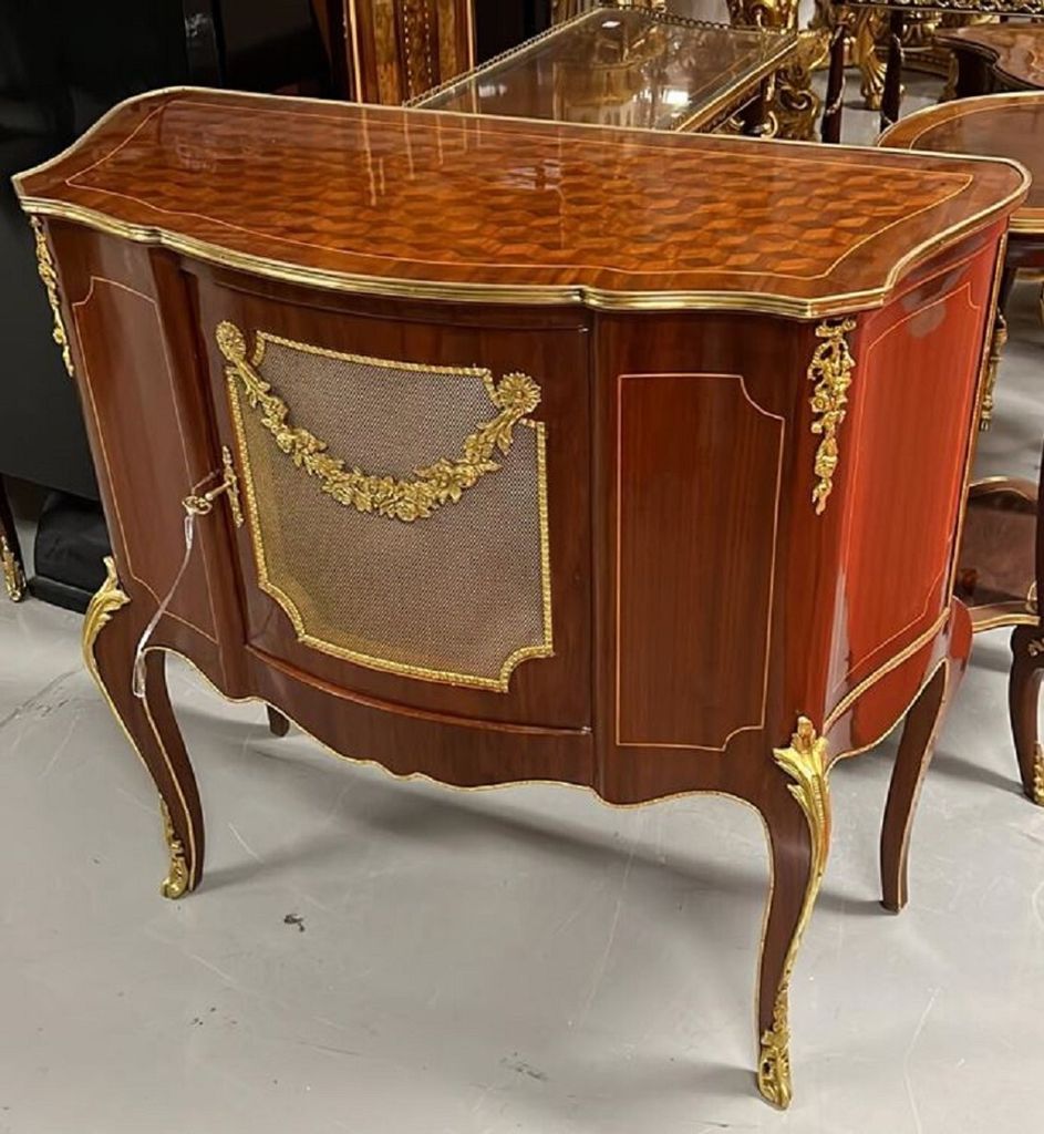 Casa Padrino Barock Sideboard Braun Intarsien / Gold - Handgefertigtes Massivholz Sideboard mit Tür und eleganten Verzierungen - Barock Wohnzimmer...