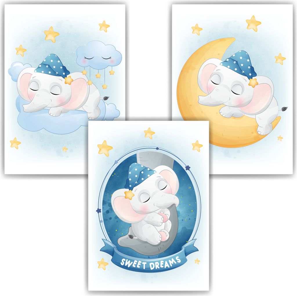 3er Set Poster für Kinderzimmer Bilder Babyzimmer Babyparty Kinderposter Elefant – DIN A4 (21x29.7cm)