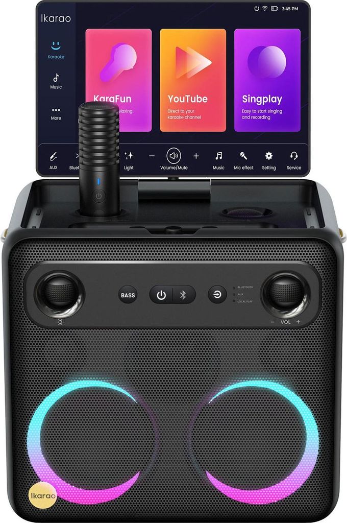 A karaoke machine with a screen and microphone.