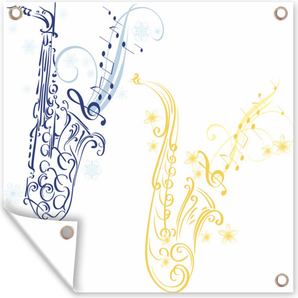 MuchoWow 50x50 cm Outdoor-Poster Gartendeko Sichtschutz Garten Poster für den Garten Illustration von Musiknoten in Form von Saxophonen