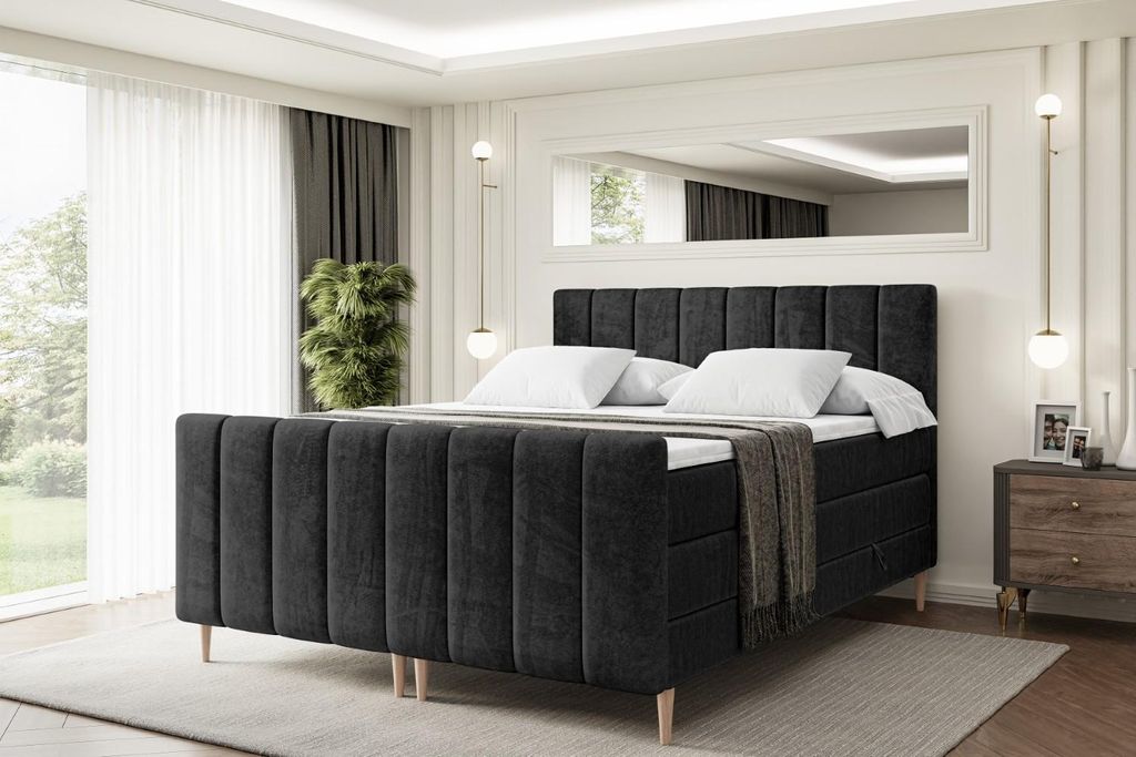 ALTDECOR Boxspringbett mit Holz Füßen, Matratze und Lattenrost, Topper, Fußteil, Polsterbett mit Bettkasten, Bett mit Stauraum H3- und H4- Matra...