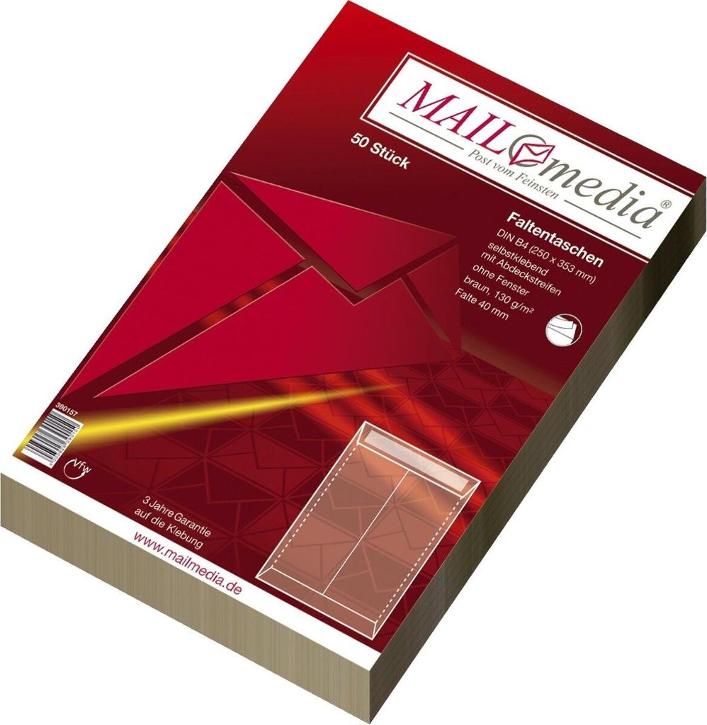 Faltentaschen - B4 ohne Fenster 40 mm-Falte Klotzboden haftklebend braun 130 g/q. Packung mit 5 Stück