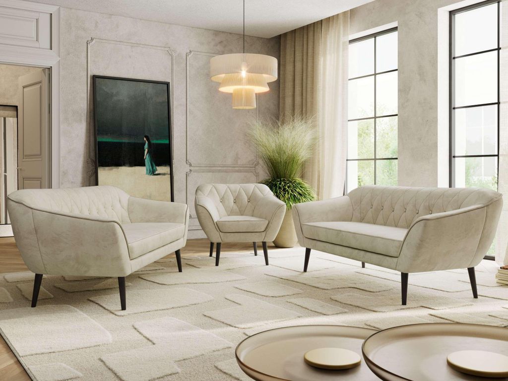 MKS MEBLE Couchgarnitur PIRS 3-3-1, Set mit Armlehnen, Wellenfederung, schwarze Füße, Dreisitzer Sofas mit Sessel, Sitzgruppe Wohnzimmer - Beige ...